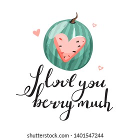 Stylish typography slogan design "I love you berry much" sign. Watermelon with heart and trendy lettering. Design for t shirts, stickers, posters, cards etc. Vector illustration on white background.