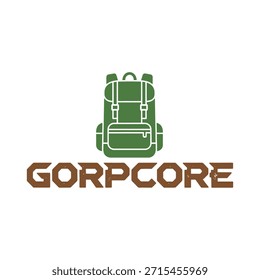 A stylish typography t-shirt design featuring a backpack graphic with the text 'GORPCORE' in a clean vector format on a transparent background, perfect for t-shirt printing and apparel design.
