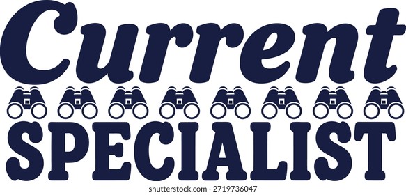 Un diseño de camiseta de tipografía con estilo que presenta la frase 'Current Specialist' con iconos de bicicleta, perfecto para los entusiastas del ciclismo y el diseño de ropa.