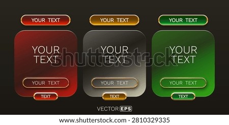 Stylish UI elements modern cards and buttons. Red, grey, and green glossy design for web interfaces. Vector illustration.