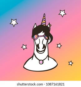 Stylish unicorn in sunglasess. Vector illustration with cute cartoon horse. Funny animal on gradient background