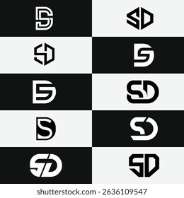 Stylish and unique alphabet logo set with letters SD and DS for stock market and finance brands. Trendy, modern design ideal for professional business identity and investment marketing.