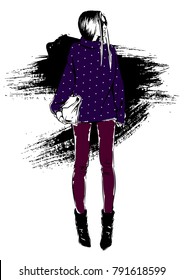 Stylish Urban Girl in Jeans. Fashion sketch. Vector art