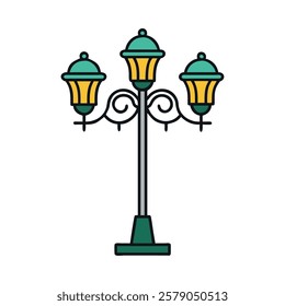 Stylish urban lamp post with decorative metalwork and three lanterns