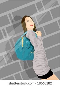 Stylish Urban Lifestyle of Joyful Asian People - relaxed standing pose for the camera with an attractive & happy smiling young female isolated on a background of grey brick wall : vector illustration