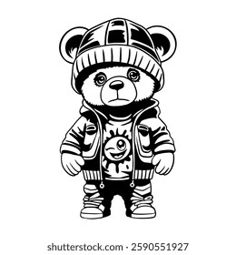 A stylish urban teddy bear in a beanie, hoodie, and sneakers, featuring a streetwear-inspired design in black and white. Perfect for tattoo art, fashion prints, stickers, and branding projects.