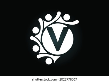 Alfabeto de monograma V inicial con personas conectadas. Equipo, símbolo del logotipo de cooperación. emblema de letra. Logo para la colaboración empresarial y un gran trabajo