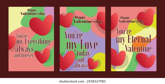 Stylish Valentine Card Trio with Abstract Art Backgrounds". A set of Valentine’s Day greeting card with sample text, red hearts and abstract backgrounds templates vector illustration. 