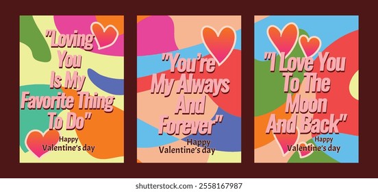 Stylish Valentine Cards Featuring Red Hearts and Modern Art. A set of Valentine’s Day greeting card with sample text, red hearts and abstract backgrounds templates vector illustration. 