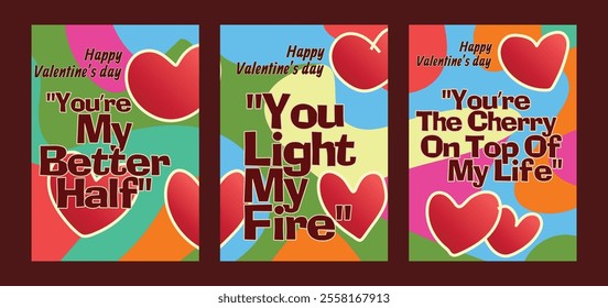 Stylish Valentine Greeting Cards with Bold Romantic Heart Designs. A set of Valentine’s Day greeting card with sample text, red hearts and abstract backgrounds templates vector illustration. 