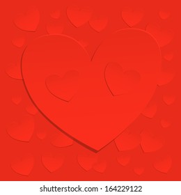Stylish Valentine's day abstract background with one big red paper heart, and many little hearts around and under it, and a couple over it. Vector EPS8 
