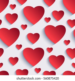 Stylish Valentines day background seamless pattern with red 3d hearts cutting paper. Beautiful abstract modern wallpaper. Romantic love card. Vector illustration.