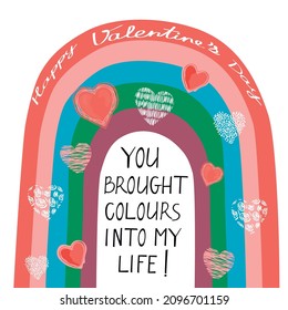 Stylish valentines day greeting card template with colored rainbow, hearts and hand lettered text  .Romantic and cute hand drawn elements and lovely typography.Vector isolated illustration.
