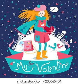 Stylish Valentine's day greeting card in vector. Happy teen girl with love letter against the background of snowy city, trees and cars.