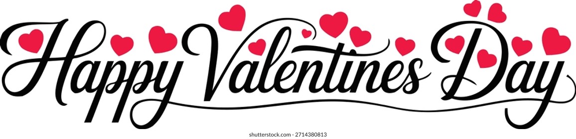 A stylish Valentine's Day message featuring classic black script lettering and playful scattered red hearts on a clean white field.