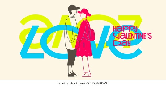 Cartaz elegante do Dia dos Namorados com tipografia vibrante do AMOR, um casal moderno e fundos florais, celebrando o romance em 14 de fevereiro.