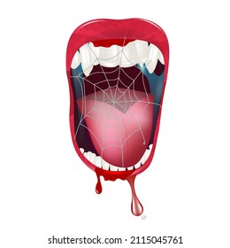 Dientes vampiros elegantes con boca abierta, telaraña y rachas de sangre con saliva. Diseño de fondo de diseño moderno. Ilustración vectorial.