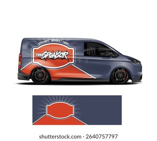 Stylish van wrap design template with orange and blue accents, featuring 'Your Sponsor' logo and efficient service tagline.