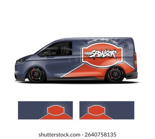 Stylish van wrap design template with orange and blue color scheme, featuring 'Your Sponsor' logo and business card mockups.