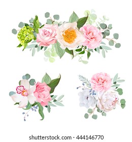 Stylish various flowers bouquets vector design set. Green hydrangea, rose, camellia, orchid, peony, anemone, carnation, eucalyptus leaf, wildflowers. All elements are isolated and editable.