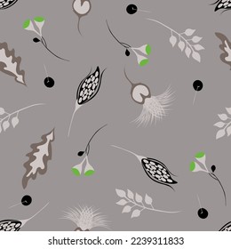 Stilvolles, abstraktes, florales Muster im skandinavischen Stil. Modernes Doodle-Gemälde. Textur mit Beeren, Herbstfrüchten, Blumen, organische Formen auf grauem Hintergrund mit hellgrünem Hintergrund