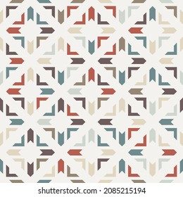 Stylish vector abstract seamless pattern with square shapes, diamond grid. Colorful geometric texture. Simple ornamental background in pastel colors. Vintage boho style. Repeat design for decor, print