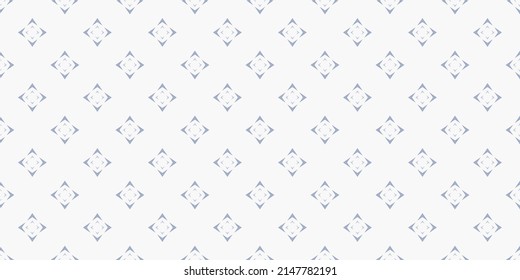 Stylish vector abstract seamless pattern with small flower shapes, diamond, arrows, stars. Elegant minimalist floral geometric texture. Simple minimal background in blue and white color. Geo design