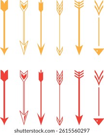 Stylish Vector Arrow Icons in Red and Yellow – Tribal and Modern Design Arrows for Decoration, Navigation, and Graphic Projects

