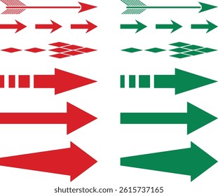 Stylish Vector Arrow Icons in Red and Green – Tribal and Modern Design Arrows for Decoration, Navigation, and Graphic Projects
