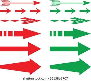 Stylish Vector Arrow Icons in Red and Green – Tribal and Modern Design Arrows for Decoration, Navigation, and Graphic Projects
