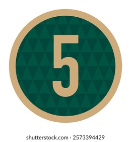 Stylish vector art showcasing the number 5 with a gold circular border, set against a green triangle geometric background. Suitable for creative graphic design and decorative elements.