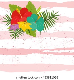 stylish vector background with exotic flowers and stripes in the background. branches of palm trees and bright rich colors