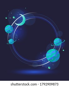 stylischer Vektorhintergrund mit neonfarbigem Kreis und Raumelementen