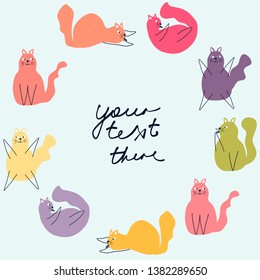 Stylish  vector background with place for text. Gentle card with cartoon cats in bright colors.