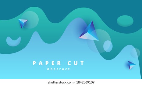 stylish vector banner in blue and green color with waves and floating polygons