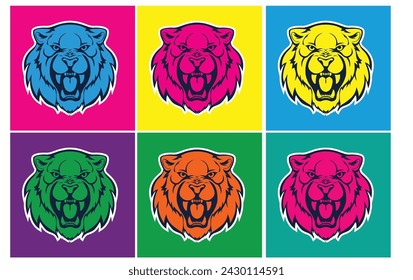 Stylish vector banner made from images of an angry tiger in bright contrasting colors.