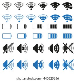 Stylish vector battery, wifi, icons, volume. blue and black. vector illustration