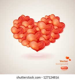 Stylish vector card with big heart made from many glossy hearts.