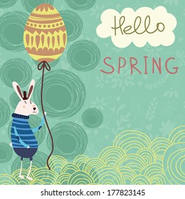 Stylish  vector card with cute rabbit. Hello Spring