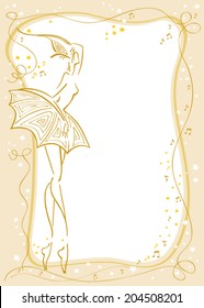 Stylish vector card design with stylized ballerina on a gold background