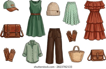 A stylish vector collection featuring women's clothing and fashion accessories, including dresses, skirts, shirts, pants, hats, gloves, and handbags. Perfect for fashion catalogs, boutique branding, e-commerce, wardrobe planning, and apparel design projects.