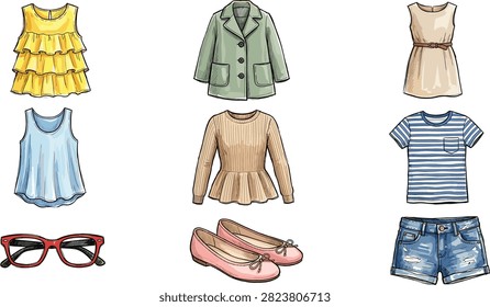 A stylish vector collection featuring women's clothing and fashion accessories, including tops, a dress, jacket, sweater, striped t-shirt, denim shorts, flats, and eyeglasses. Ideal for fashion catalogs, apparel stores, boutique branding, e-commerce, and wardrobe planning projects.