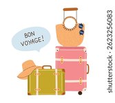 Stylish vector composition for women travel concept. Tropical vacation mood with suitcases, beach bag, sunglasses, and sun hat. Bon voyage message, summer holiday. Flat cartoon illustration