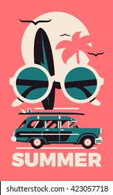 Stylish Vector Concept Design On Summer. Summer Surfing Limited Colors Illustration  With Sun Silhouette, Surfboard, Sunglasses And Old Fashioned Surf Car. Ideal For Screen Printing, Posters, Cards