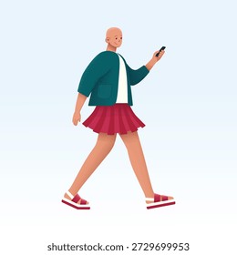 Stylish vector of a confident person walking while checking their phone. Perfect for lifestyle content, digital habits, fashion editorials, inclusive branding, and modern character illustrations.
