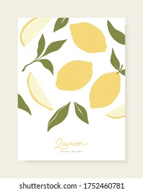 Stylish vector cover design with lemon fruits. Composition of trendy hand drawn lemons and leaves for postcards, print, posters, brochures, etc. Vector illustration.