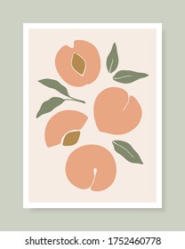 Stylish vector cover design with peach fruits. Composition of trendy hand drawn peaches and leaves for postcards, print, posters, brochures, etc. Vector illustration.