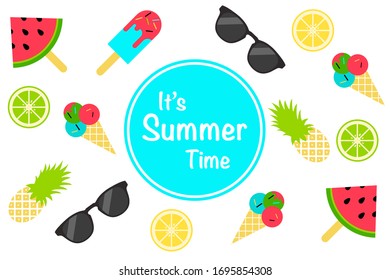 Stylish vector design of colorful card with banner Its summer time on white surrounded with colorful elements