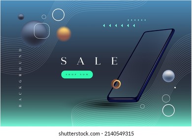 Stylish vector design with flying geometric forms and wavy thin lines and smartphone on the background with green and blue gradient