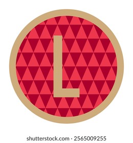 A stylish vector design of the letter “L” surrounded by a golden border and a striking red triangle-patterned background.